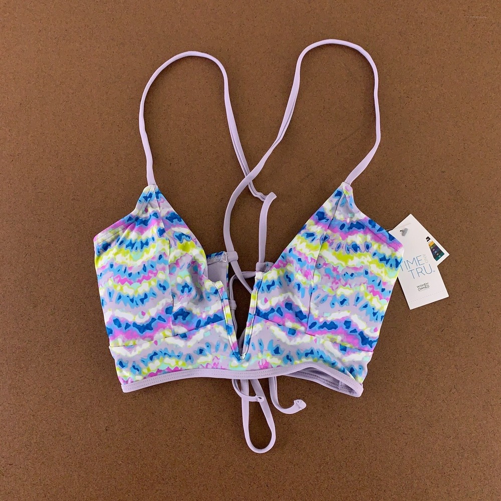 Time & Tru Women's Small‎ 4-6 Purple Print V Wire Strappy Bikini Swim Top NWT